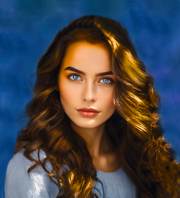 femeie cu ochii albastri si parul lung saten imbracata in bleu face un selfie