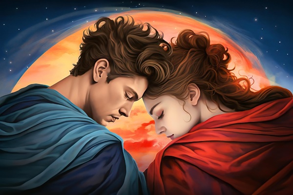 femeie in rosu si barbat in albastru stau apropiati cu fruntile lipite una de cealalta si ochii inchisi