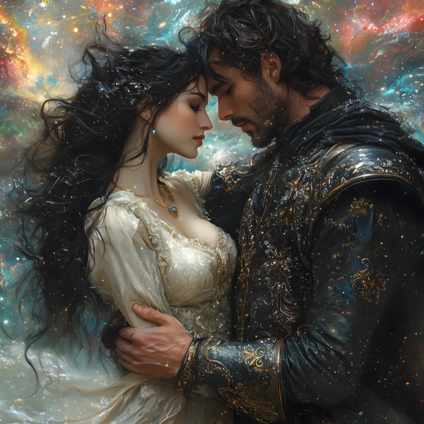 femeie cu parul lung negru imbracata in rochie aurie este tinuta in brate de un barbat in armura neagra