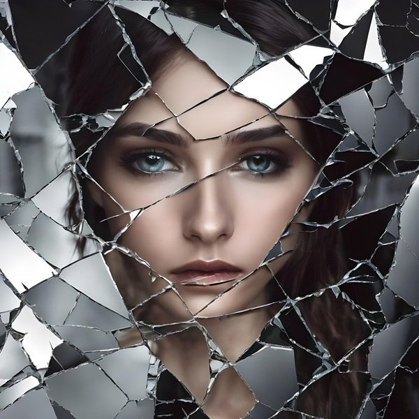 femeie satena cu parul lung si ochii albastri se priveste intr-o oglinda ciobita