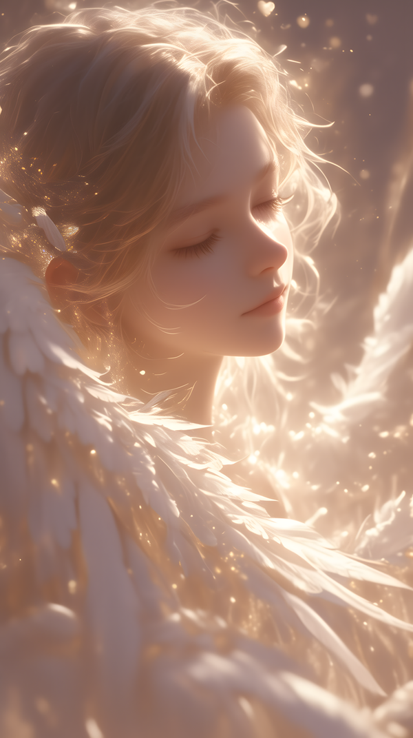 portret de inger imbracat in alb cu chip de femeie si ochii inchisi