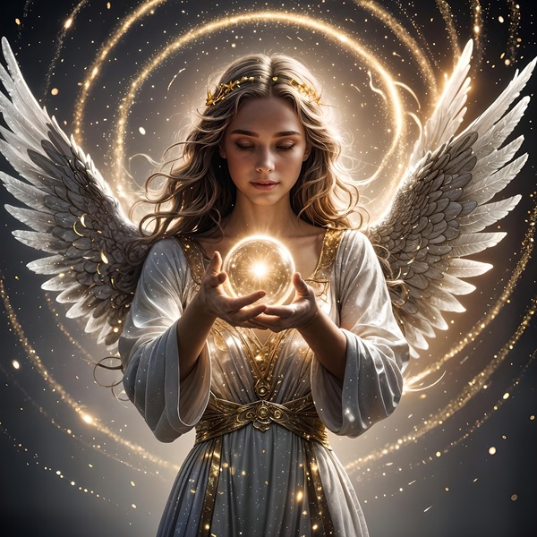 inger cu aripile deschise care tine in mana un glob de lumina