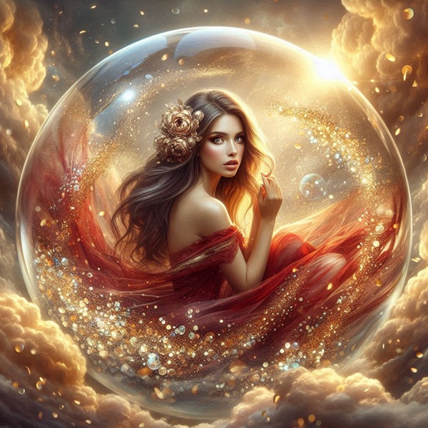 femeie in rochie rosie vaporoasa inconjurata de nori aurii si confetti aurii