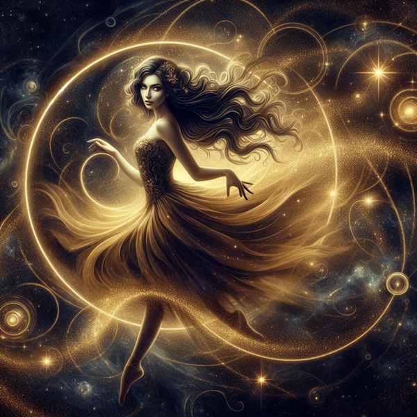 femeie imbracata in rochie galbena inconjurata de o aura aurie face o pirueta