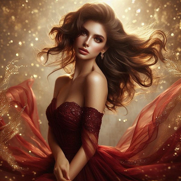 femeie satena in rochie rosie face o pirueta