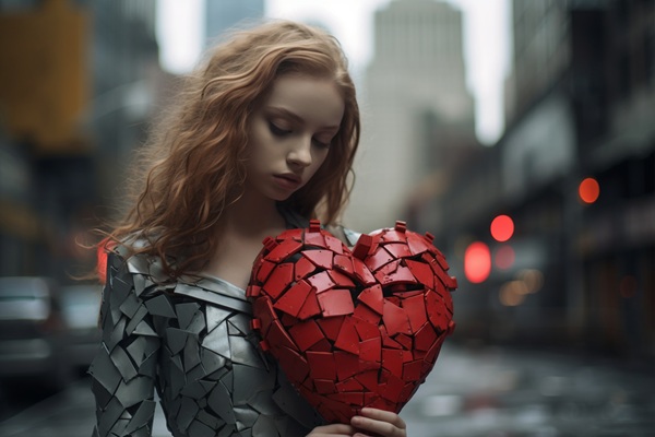 femeie imbracata in argintiu tine o inima rosie facuta bucati in mana
