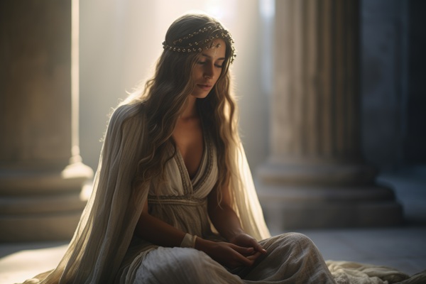 femeie imbracata in alb se roaga intr-un templu