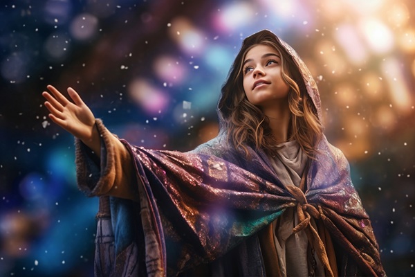 femeie imbracta in pelerina mov atinge luminite venite din cer