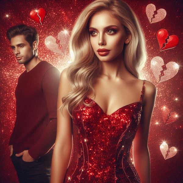 femeie blonda in rochie rosie cu barbat in costum negru inconjurati de inimi frante