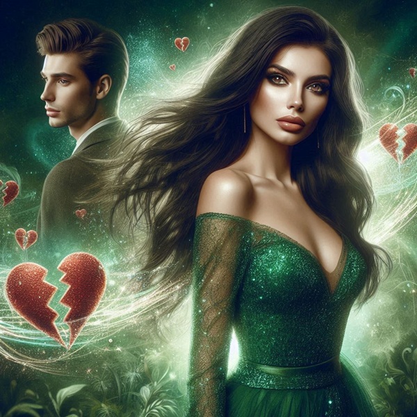 femeie satena in rochie verde alaturi de un barbat in costum inconjurati de inimi frante