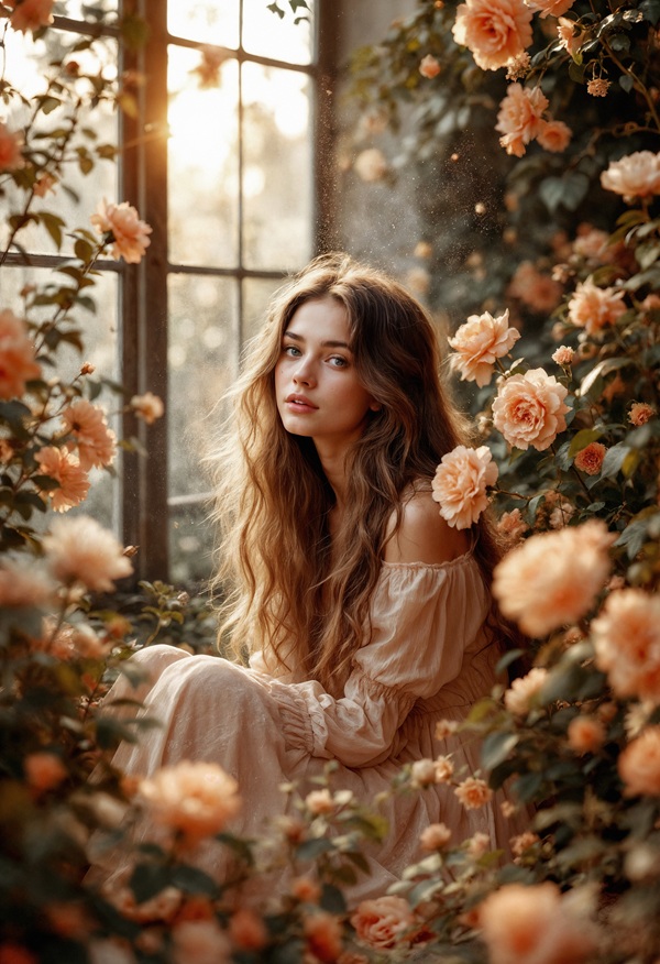 femeie satena cu par lung inconjurata de trandafiri