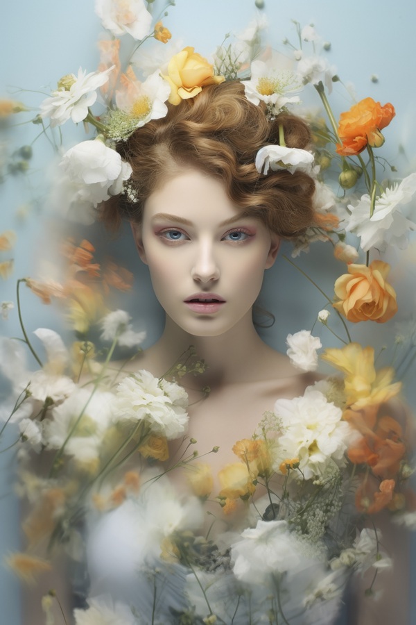 portret de femeie &icirc;n rochie albă inconjurata de flori