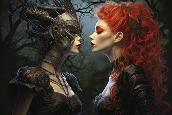 femeie cu par roscat lung imbracata in negru se uita la o femeie cu o masca pe fata