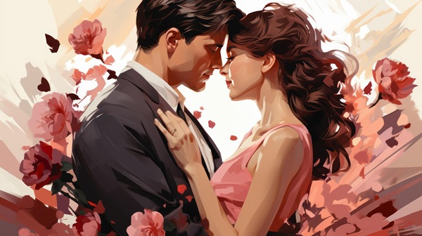 femeie in rochie roz tine in brate un barbat in camasa neagra