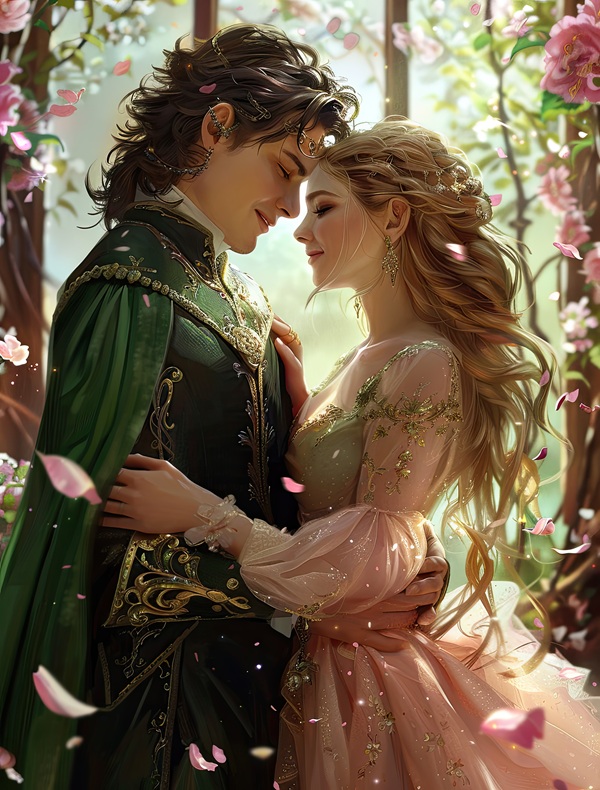 femeie blonda imbracata in roz tinuta in brate de barbat imbracat in verde