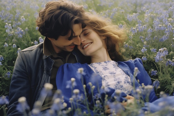 femeie imbracata in mov inconjurata de flori mov impreuna cu un barbat pe iarba