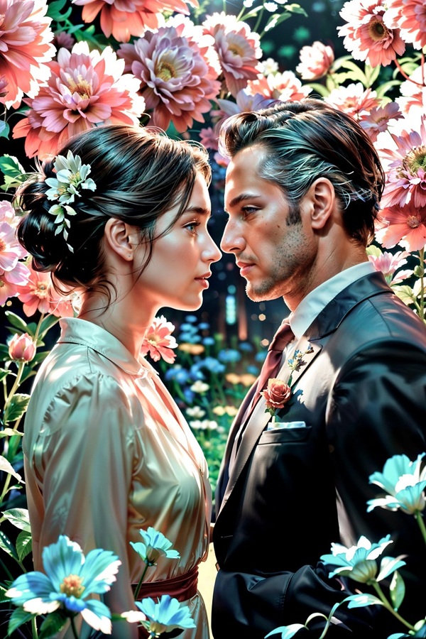 femeie imbracata in kimono roz si barbat in costum negru inconjurati de flori