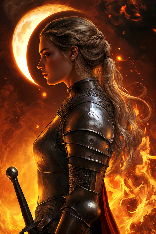 femeie imbracata in costum de piele negru cu sabie in mana in fata unei luni noi