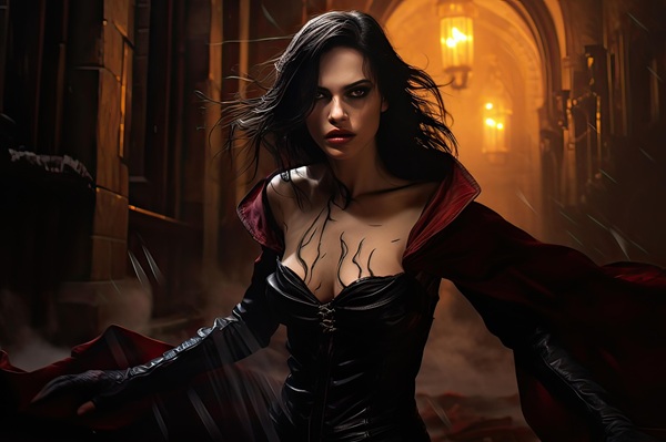 femeie bruneta imbracata in negru inconjurata de lumini intr-o temnita