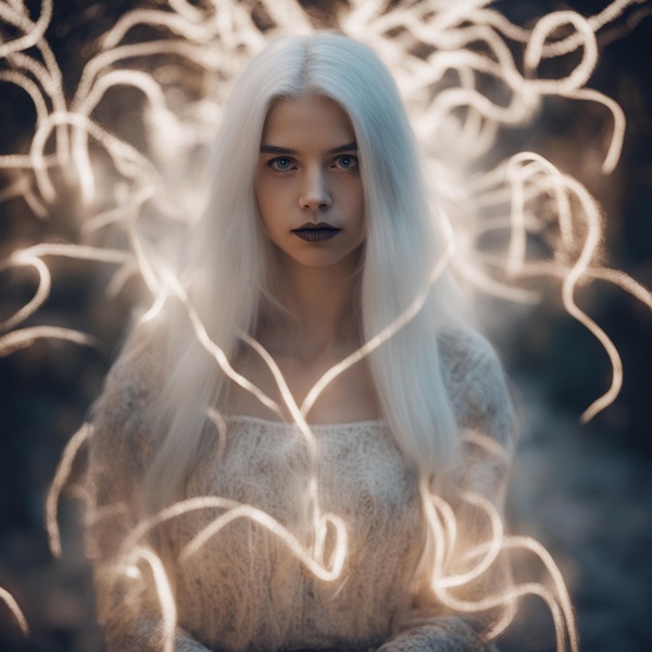 femeie cu parul alb imbracata in alb inconjurata de lumina