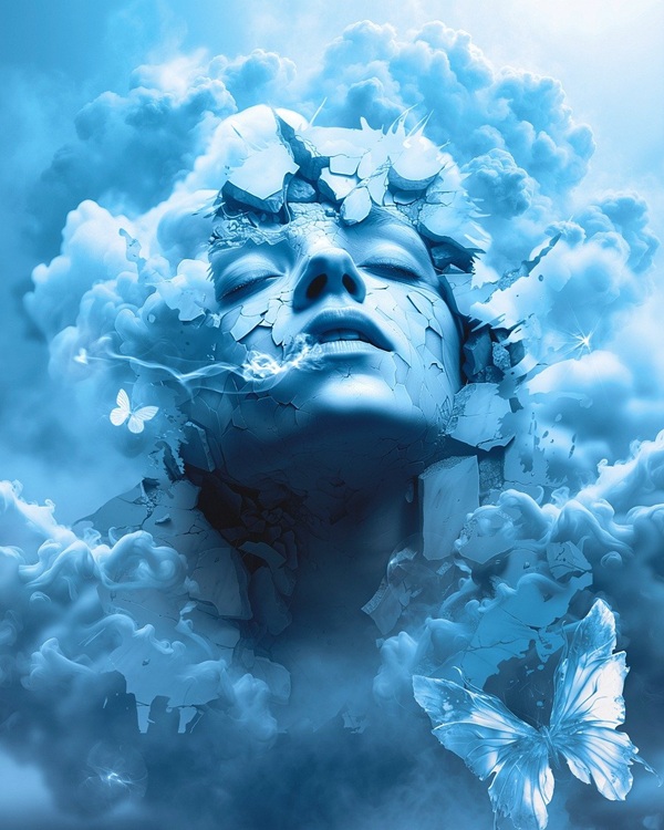 femeie cu ochii inchisi inconjurata de gheata albastra