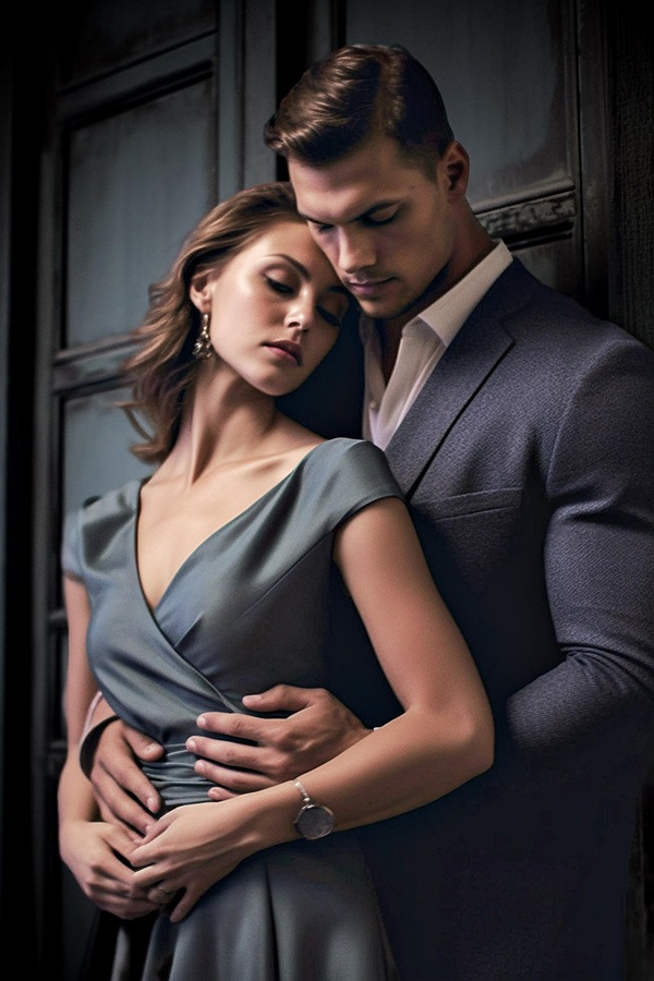 barbat imbracat in gri tine in brate o femeie in rochie