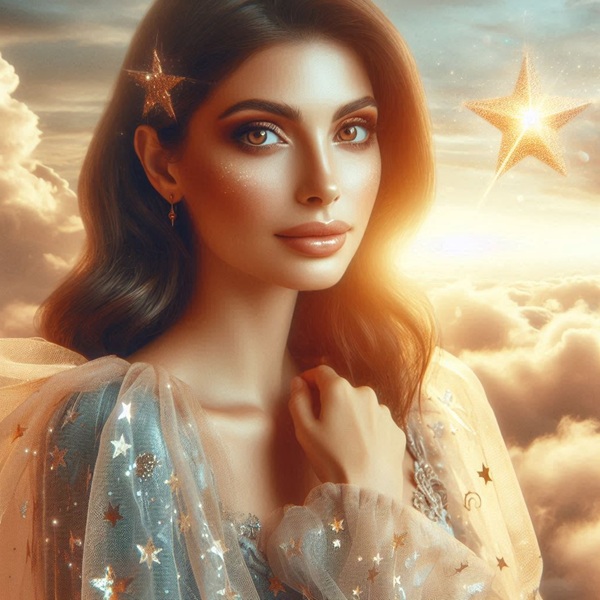 femeie satena printre nori langa ea o stea cazatoare speciala