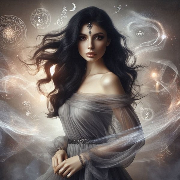 femeie bruneta cu bijuterie pe frunte in rochie gri