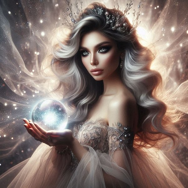 femeie cu parul lung si gri tine in mana un glob de cristal