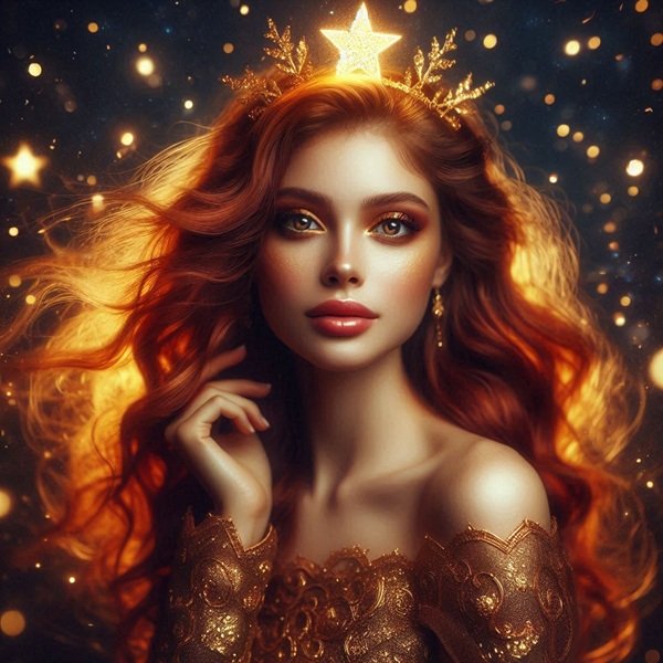 femeie cu parul rosu cu stea in frunte
