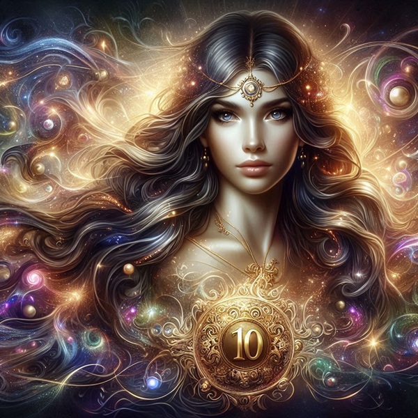 femeie cu par gri inconjurata de semne ezoterice cifra 10