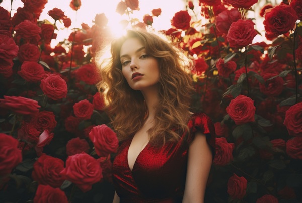 femeie cu par saten inconjurata de trandafiri rosii