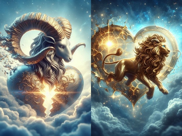 reprezentare a zodiilor berbec si leu in inimi si cu nori pe fundal