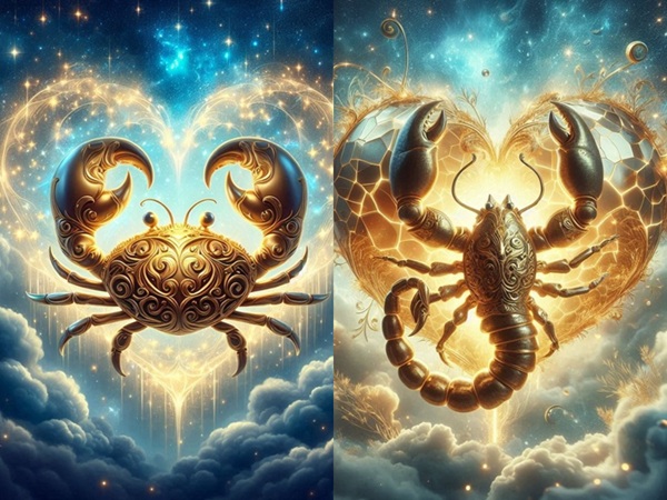 reprezentare a zodiilor rac si scorpion pe un fundal cu nori și elemente aurii