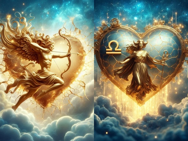 reprezentare a zodiilor sagetator si balanta pe un fundal cu nori si in inimi aurii