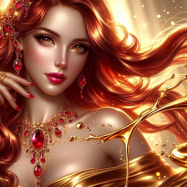 femeie roscata imbracata in auriu cu aur lichid pe ea