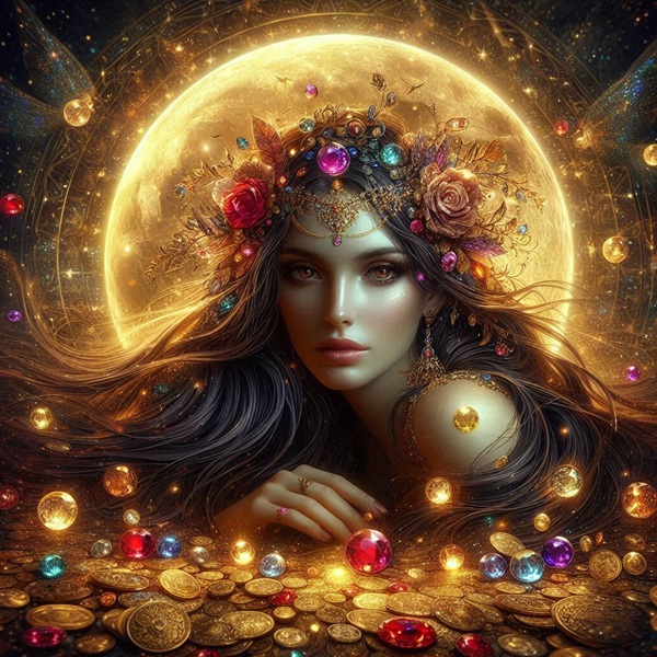 femeie bruneta cu par lung inconjurata de rubine si de bijuterii