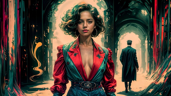 femeie imbracata in camasa gri cu rosu cu parul scurt ondulat in spate un barbat care pleaca de langa ea