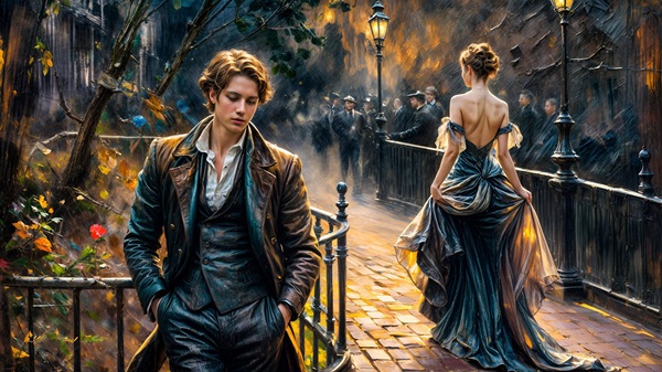 barbat in costum albastru inchis cu mainile in buzunare pe fundal o femeie in rochie lunga care pleaca de langa el