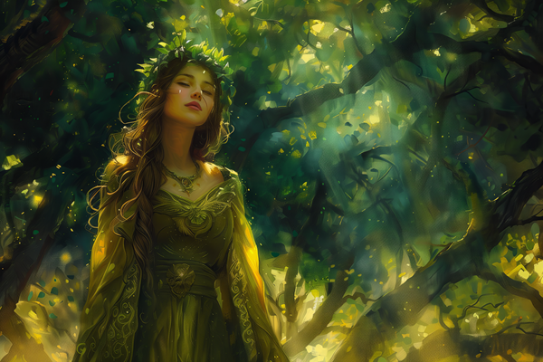 o femeie cu parul lung inalta imbracata in verde intr-o padure luminata