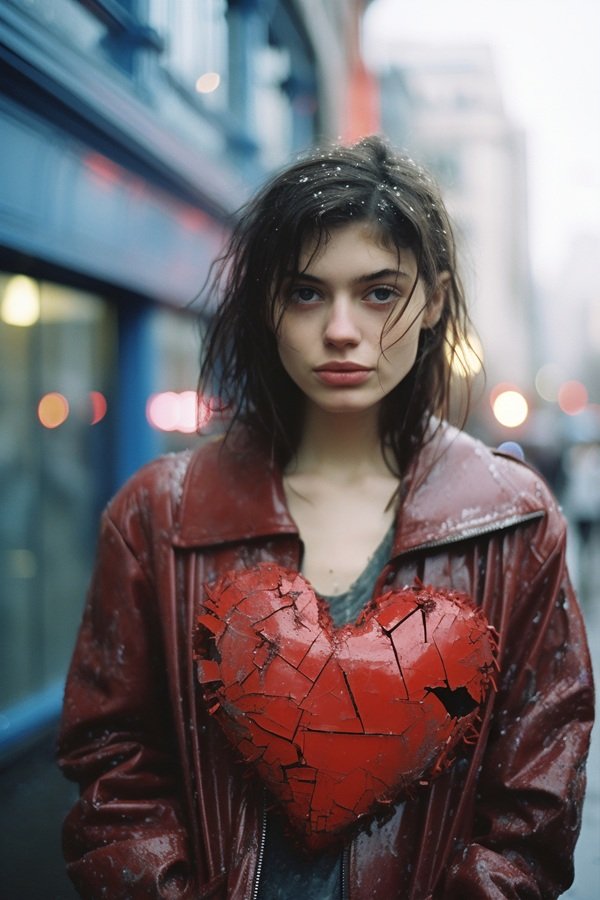 femeie satena imbracata in geaca de piele maro tine in mana o inima franta