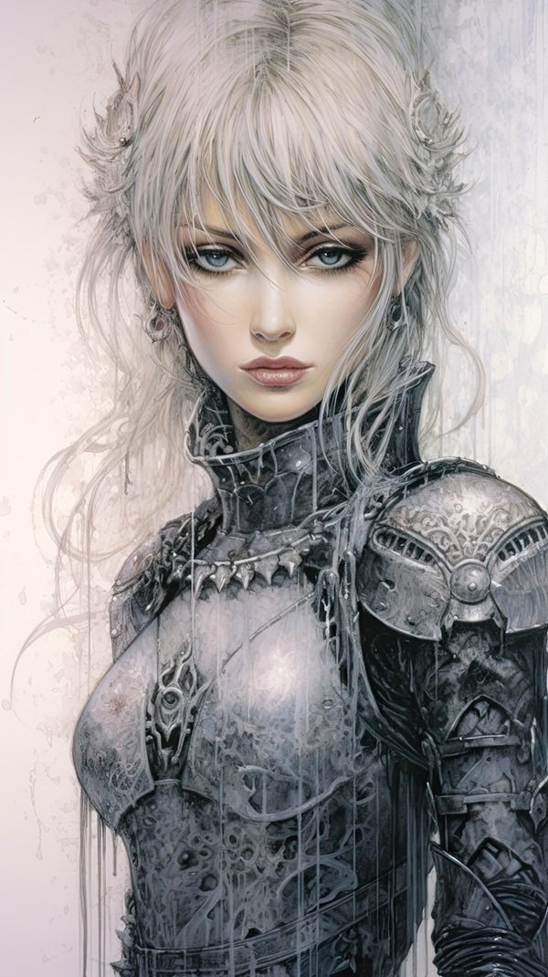 femeie cu parul alb ravasit imbracata in haine gri cu privire patrunzatoare