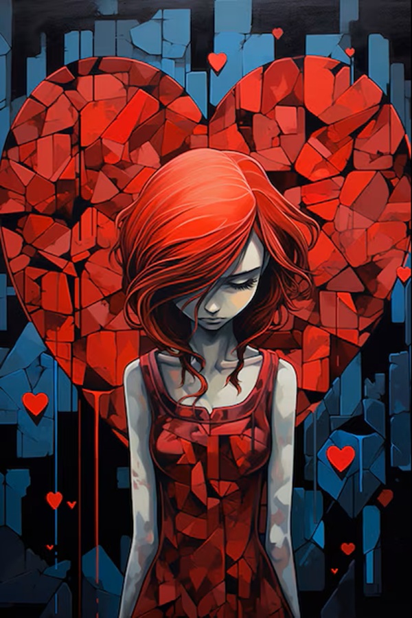 fata cu parul rosu si privirea in jos imbracata in rosu cu o inima franta in spate