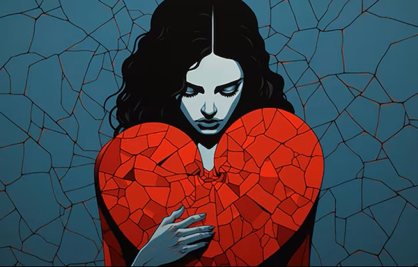 femeie bruneta imbracata in negru tine in brate o inima franta