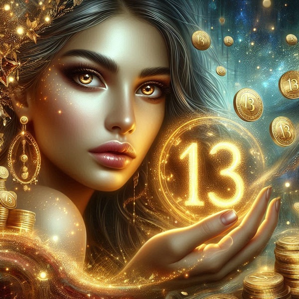 femeie satena cu ochii caprui tine in mana o cifra luminoasa 13