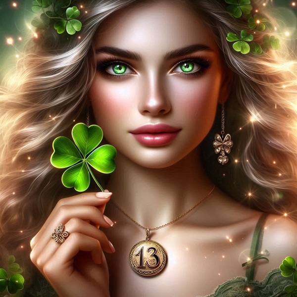 femeie cu parul lung blond si ochii verzi tine in mana un trifoi luminos verde