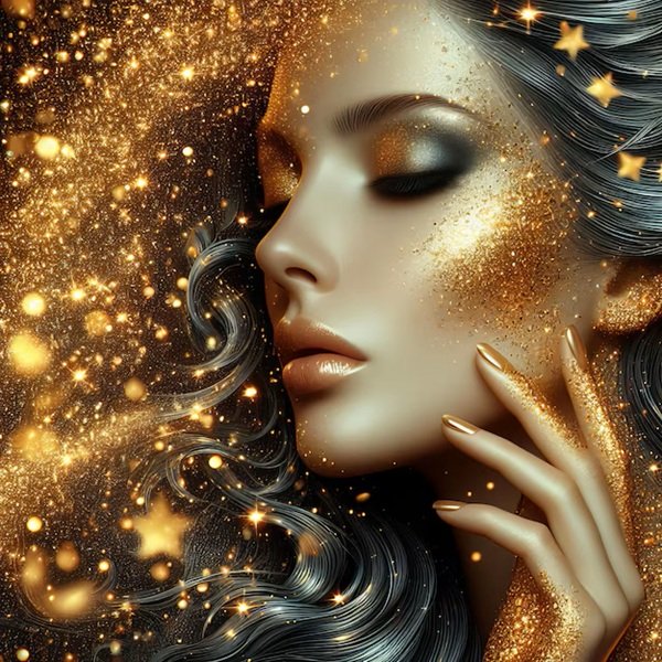 femeie cu buzele carnoase cu parul lung brunet cu machiaj auriu si ochii inchisi