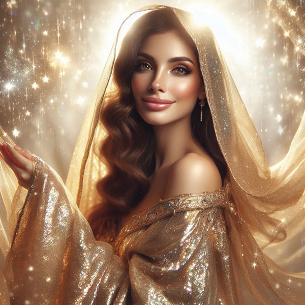 femeie satena cu parul lung ondulat cu o marama aurie pe cap inconjurata de sclipire