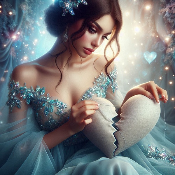 femeie satena cu parul prins imbracata in rochie albastra coase o perna in forma de inima