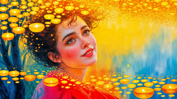 femeie cu parul prins si buzele rosii inconjurata de culori vii si de lumanari